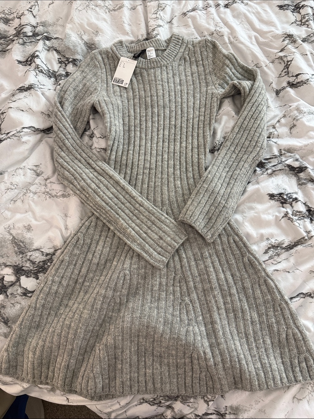 Divided Ribbed Scoop Neck Sweater Dress in Light Gray